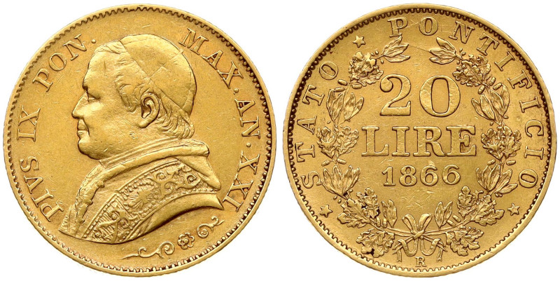 Italy, Vatican City, Papal States. Pius IX (1846-1870). 20 Lire 1866 R. Gold 6.4...