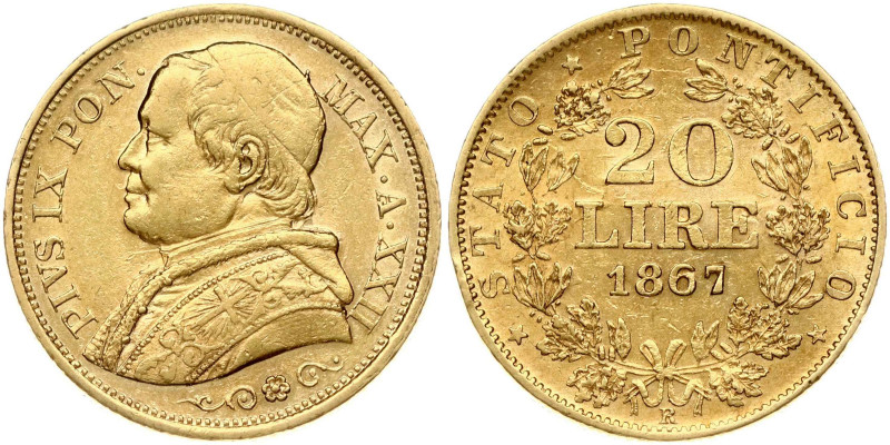 Italy, Vatican. Pius IX (1846-1870). 20 Lire 1867 R. Gold 6.43 g. Fr. 280, KM-13...