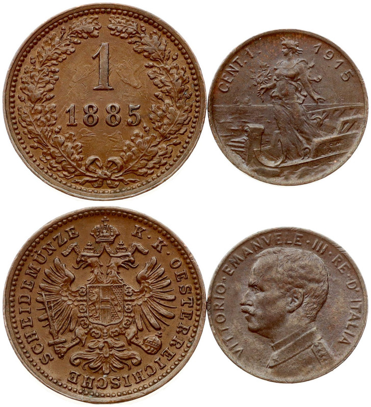 Italy. 1 Centesimo 1915 R & Austria 1 Kreuzer 1885. Copper, total weight 4.29 g....