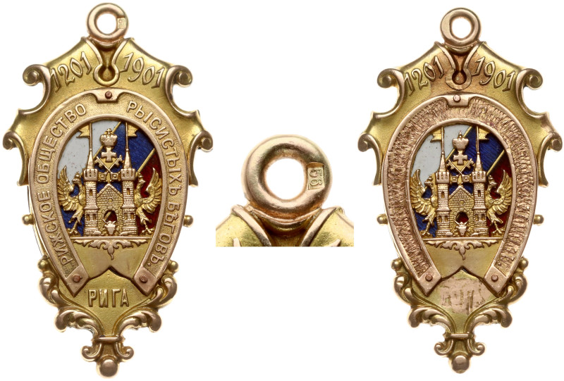 Latvia. Riga Badge Trotting Society 1201-1901. Gold enamel, 45x24 mm. 11.06 g. S...