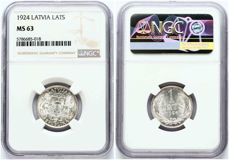 Latvia. 1 Lats 1924. Silver. KM 7. NGC MS 63