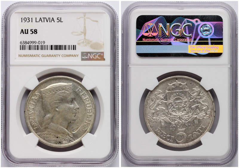 Latvia. 5 Lati 1931. Silver. KM 9. NGC AU 58.