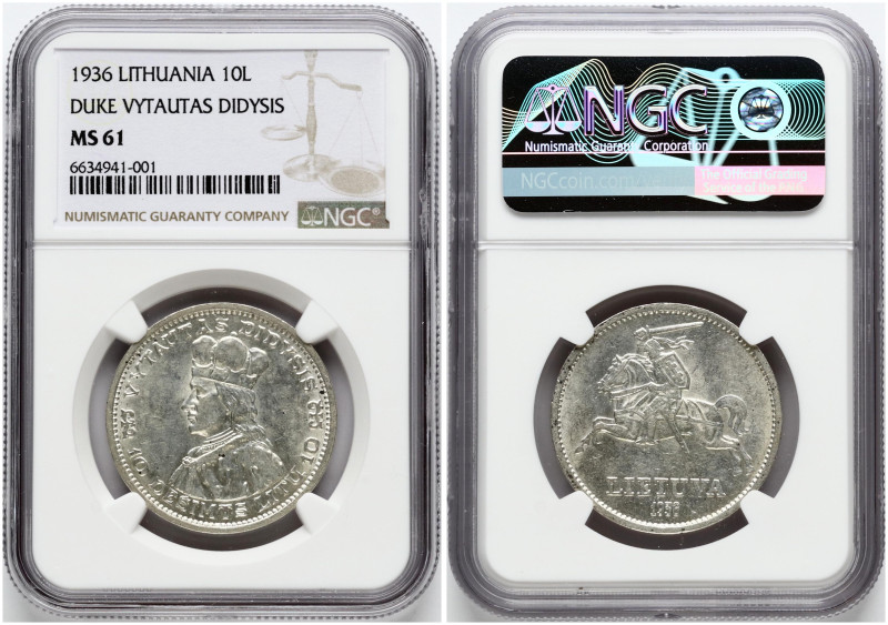 Lithuania. 10 Litu 1936 Vytautas. Silver. KM-83. NGC MS 61.