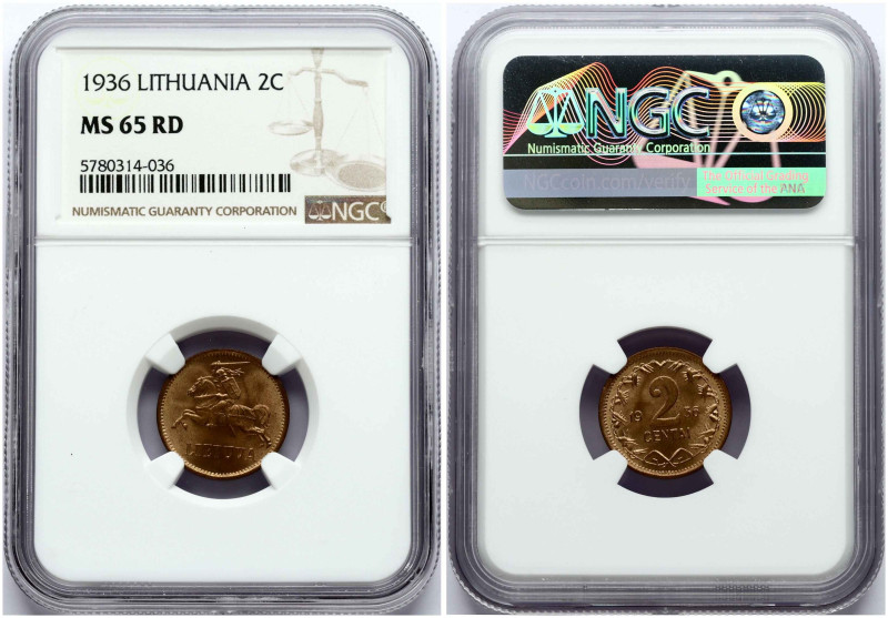 Lithuania. 2 Centai 1936. Bronze. KM 80. NGC MS 65 RD.