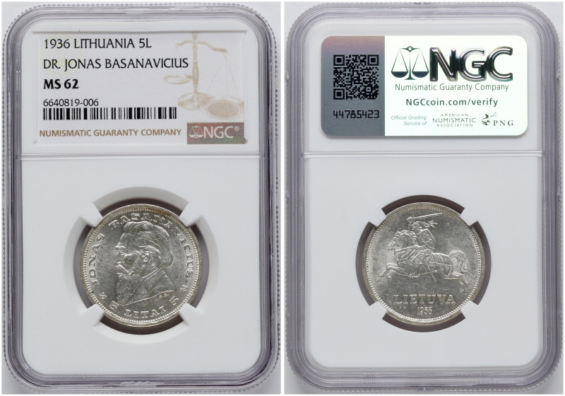 Lithuania. 5 Litai 1936 Jonas Basanavicius. Silver. KM 82. NGC MS 62.