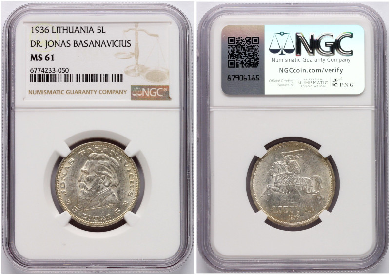 Lithuania. 5 Litai 1936 Basanavicius. Silver. KM 82. NGC MS 61