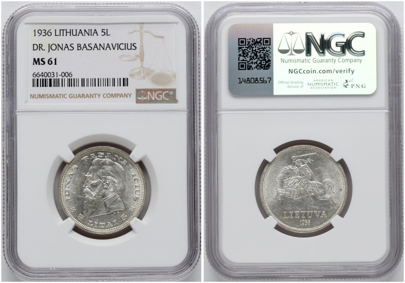 Lithuania. 5 Litai 1936 Jonas Basanavicius. Silver. KM 82. NGC MS 61.