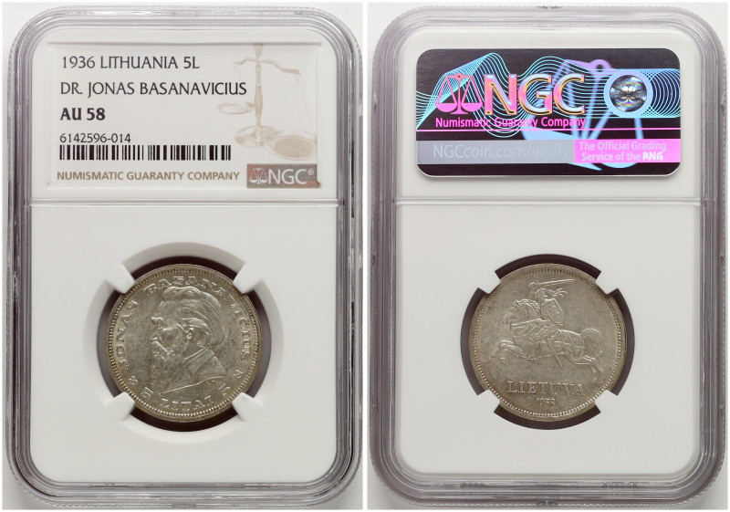 Lithuania. 5 Litai 1936 Basanavicius. Silver. KM 82. NGC AU 58.