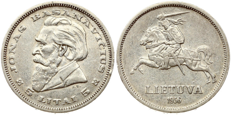 Lithuania. 5 Litai 1936 Jonas Basanavicius. Silver 8.95 g. KM 82.