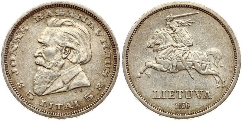 Lithuania. 5 Litai 1936 Jonas Basanavicius. Silver 8.95 g. KM 82.