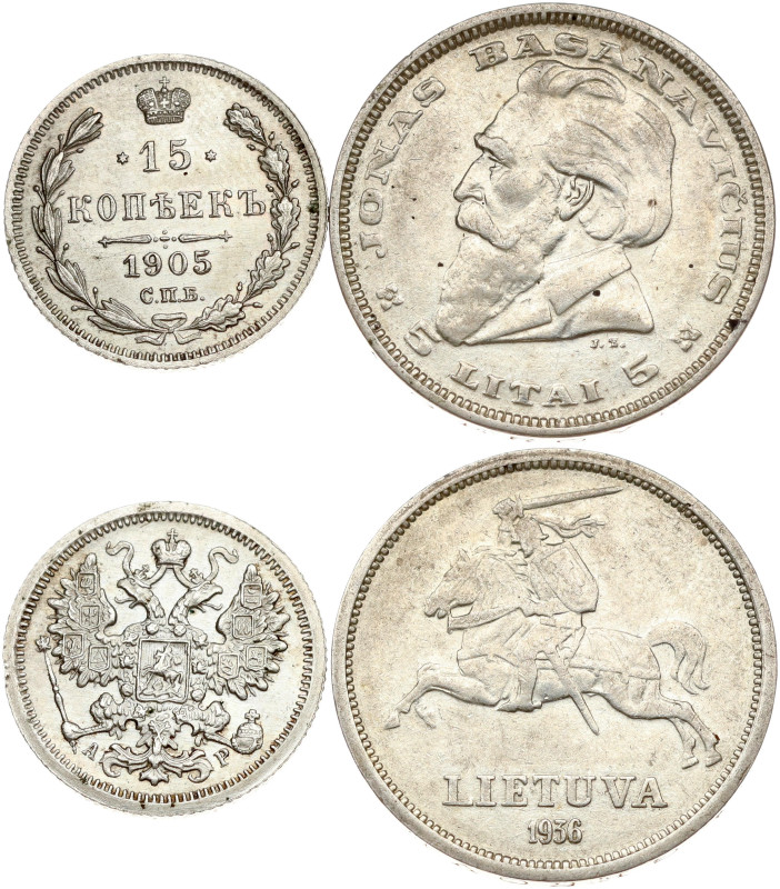 Lithuania. 5 Litai 1936 & Russia 15 Kopecks 1905 СПБ АР. Silver, total weight 11...