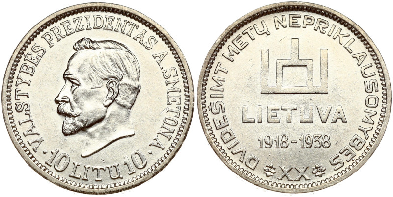 Lithuania. 10 Litu 1938 Smetona - 20th Anniversary of Republic. Silver 17.91 g. ...