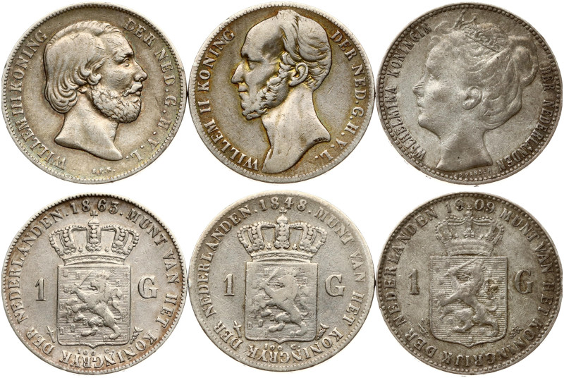 Netherlands. 1 Gulden 1848 - 1909. Silver, total weight 29.51 g. KM 66, 93, 122....