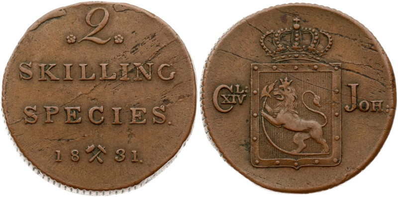 Norway. Carl XIV (1818-1844). 2 Skilling 1831. Copper 17.95 g. KM 295. Edge smal...