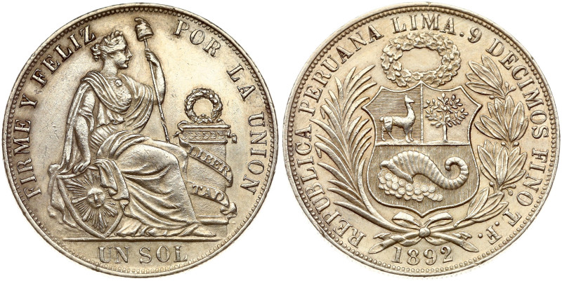 Peru. 1 Sol 1892 TF. Silver 24.92 g. KM 196.24.