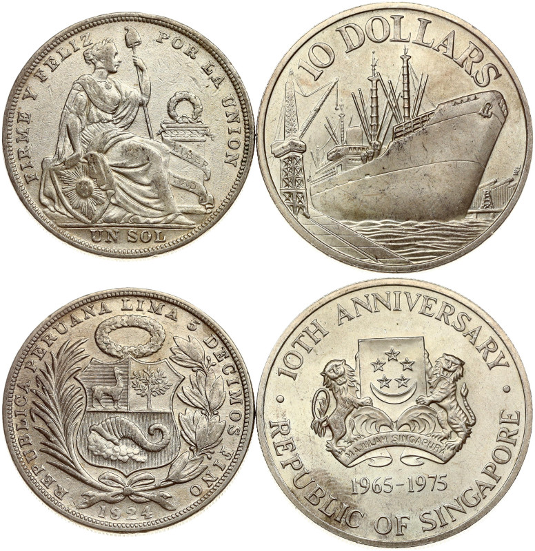 Peru. 1 Sol 1924. Singapore 10 Dollars 1975. Silver .500, total weight 55.96 g. ...