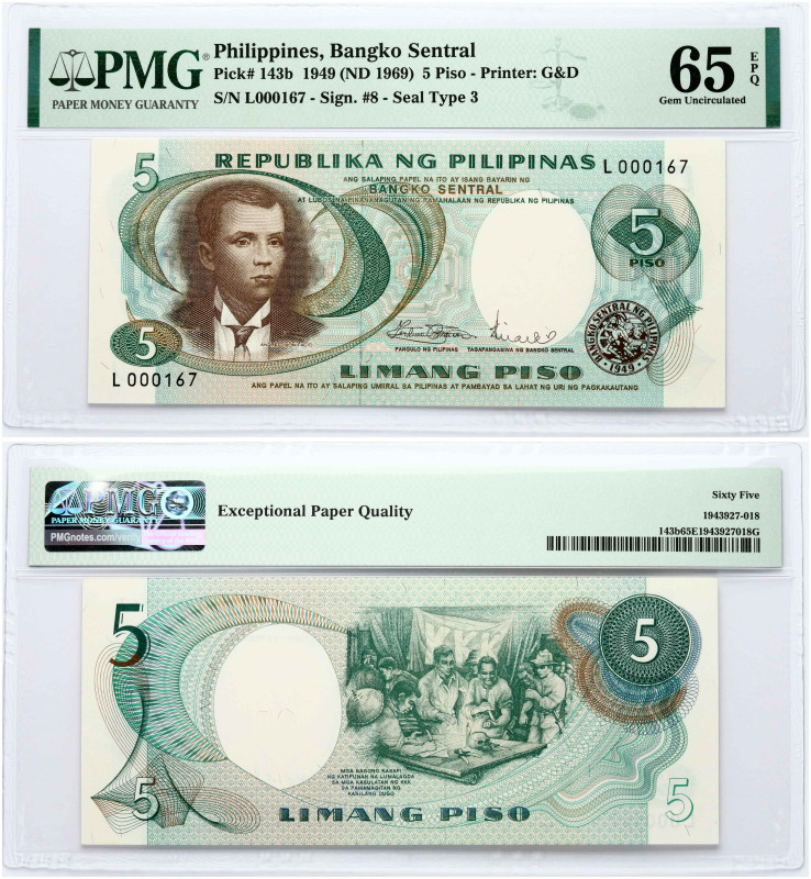 Philippines. 5 Piso 1949 (ND 1969). S/N L000167. Pick 143b. PMG 65 Gem Uncircula...