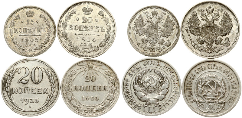 Russia. 15 & 20 Kopecks 1908 - 1925. Silver, total weight 13.46 g. Lot of 4 coin...