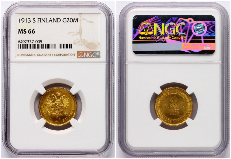 Russia for Finland. Nicholas II (1894-1917). 20 Markkaa 1913 S. Gold. Bitkin 391...