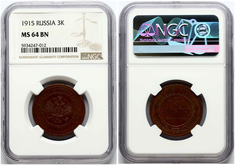 Russia. Nicholas II (1894-1917). 3 Kopecks 1915. Copper. Bitkin 228. NGC MS 64 B...