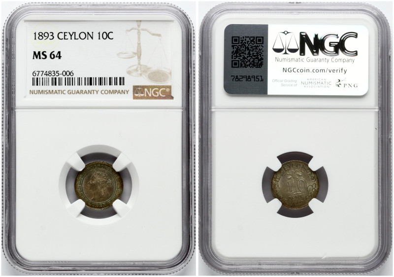 Sri Lanka, Ceylon. Victoria (1837-1901). 10 Cents 1893. Silver. KM 94. NGC MS 64