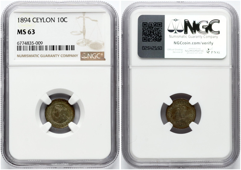 Sri Lanka, Ceylon. Victoria (1837-1901). 10 Cents 1894. Silver. KM 94. NGC MS 63