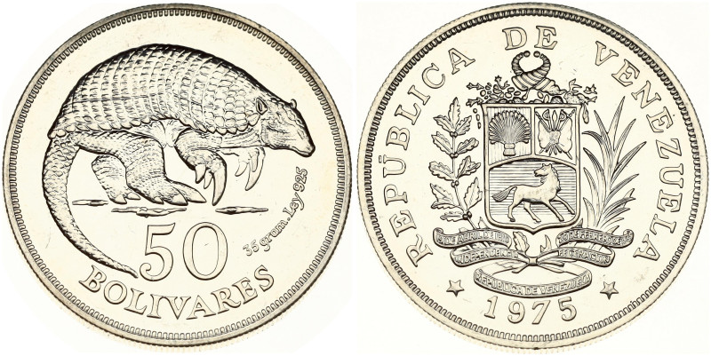 Venezuela. 50 Bolivares 1975 Armadillo. Silver .925, 35.18 g. Y 47.