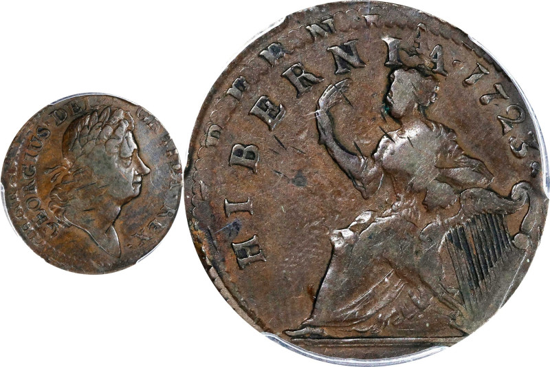 1723 Wood's Hibernia Halfpenny. Martin 4.31-Gc.37a, W-13120. Rarity-6. Double St...