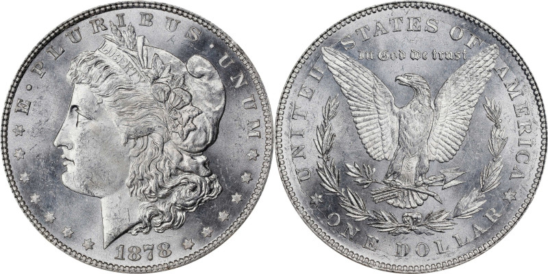 1878 Morgan Silver Dollar. 7 Tailfeathers. Reverse of 1878. VAM-80. Weak LIB. MS...