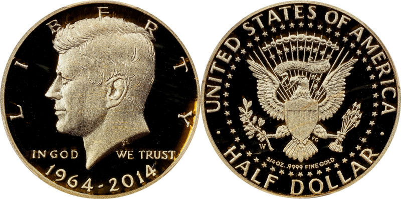 2014-W 50th Anniversary Kennedy Half Dollar. Gold. First Day of Issue. Proof-70 ...