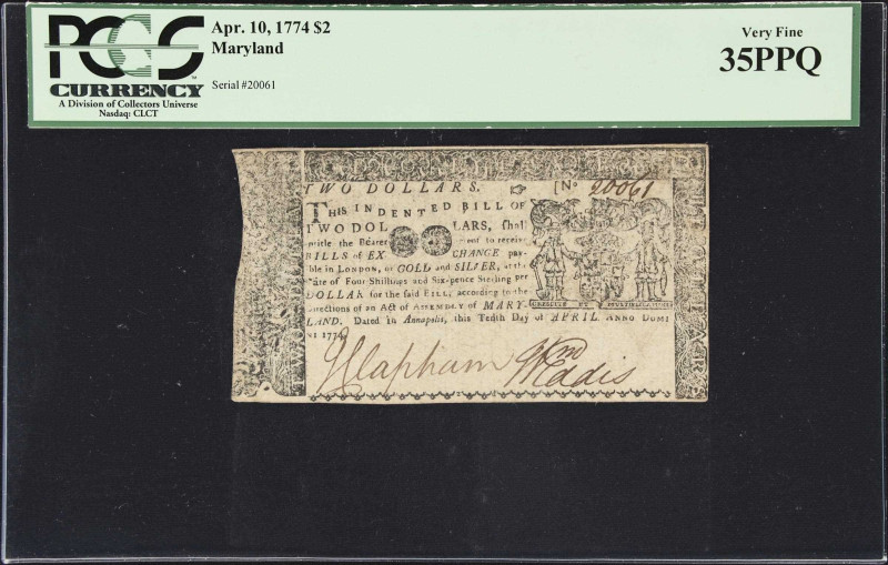 MD-67. Maryland. Apr. 10, 1774. $2. PCGS Currency Very Fine 35 PPQ.

N0. 20061...