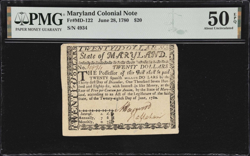 MD-122. Maryland. June 28, 1780. $20. PMG About Uncirculated 50 EPQ.

No. 4934...