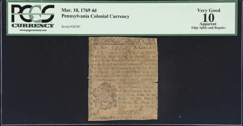 PA-135. Pennsylvania. Mar. 10, 1769. 4 Pence. PCGS Currency Very Good 10 Apparen...