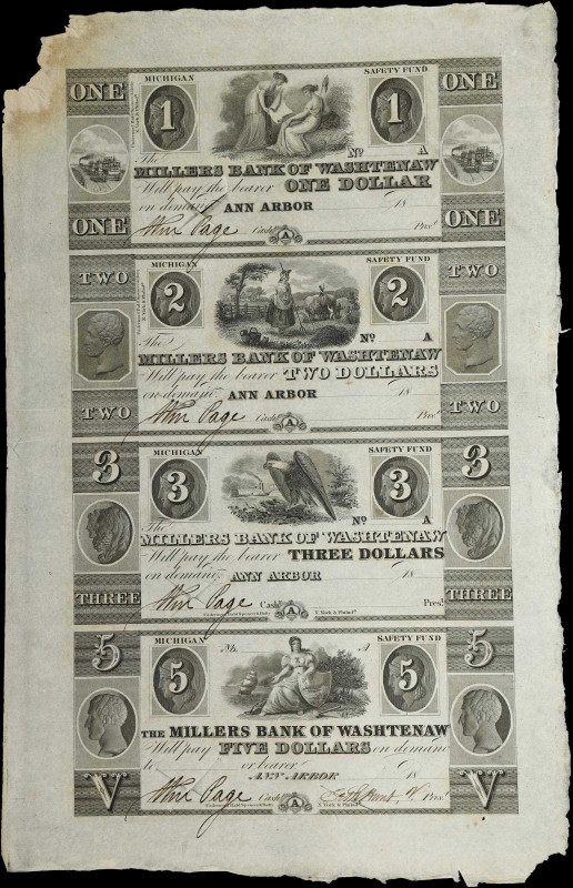 Uncut Sheet of (4). Ann Arbor, Michigan. Millers Bank of Washtenaw. 18xx $1-$2-$...