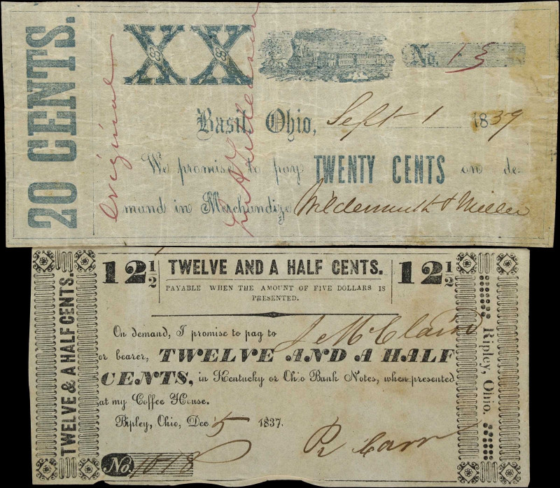 Lot of (2) Basil & Ripley, Ohio. Mixed Banks. 1837-39 12 1/2 & 20 Cents. Very Fi...