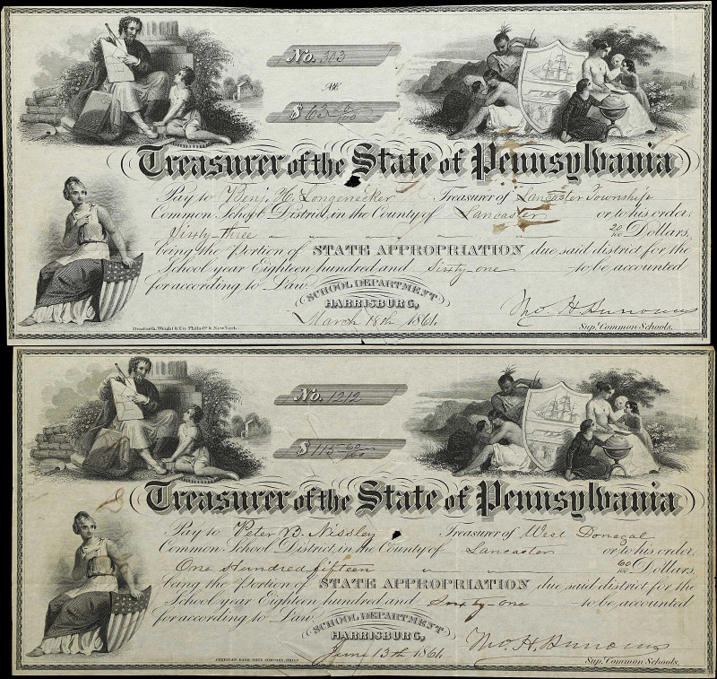 Lot of (2) Harrisburg, Pennsylvania. Treasurer of the State of Pennsylvania. 186...