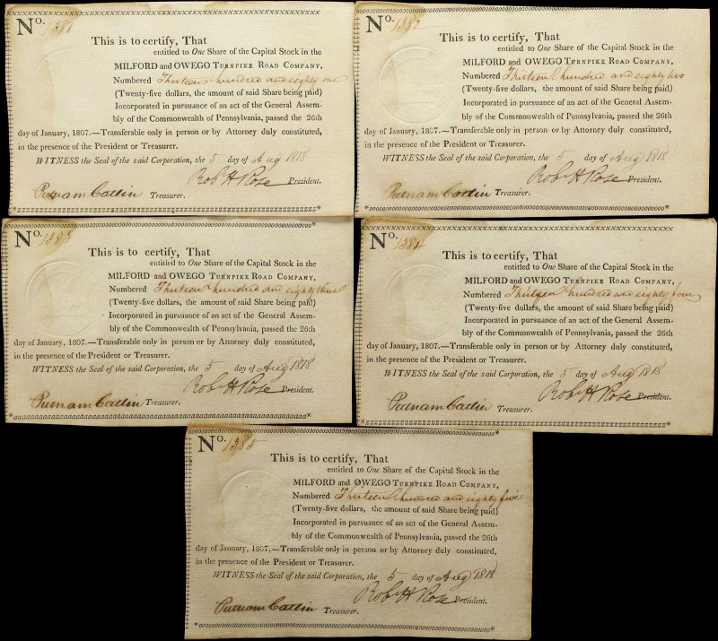 Lot of (5) Milford, Pennsylvania. Milford & Owego Turnpike Company. 1818 $25 Sto...