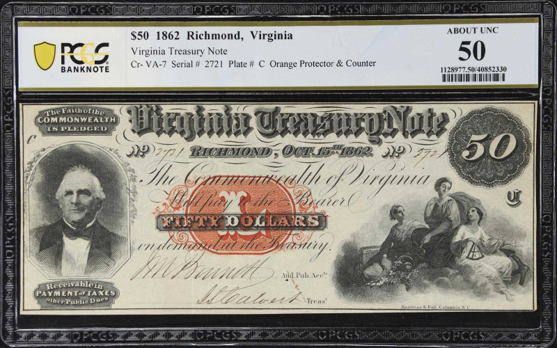 Richmond, Virginia. Commonwealth of Virginia. 1862 $50. PCGS Banknote About Unci...