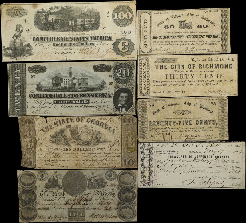 Lot of (8) Mixed Obsoletes. 1862-65. 30 Cents, 60 Cents, 75 Cents, $5, $10, $20,...