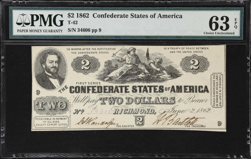 T-42. Confederate Currency. 1862 $2. PMG Choice Uncirculated 63 EPQ.

A scarce...