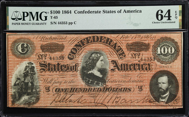 T-65. Confederate Currency. 1864 $100. PMG Choice Uncirculated 64 EPQ.

An exc...