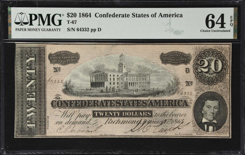 T-67. Confederate Currency. 1864 $20. PMG Choice Uncirculated 64 EPQ.

No. 643...