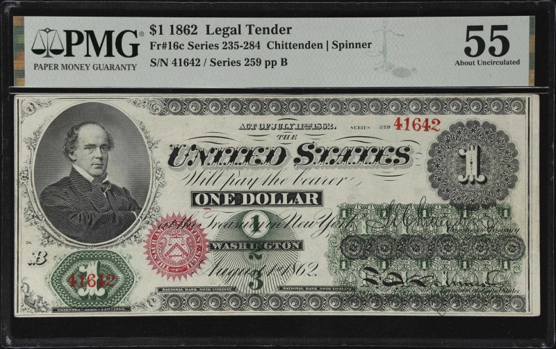 Fr. 16c. 1862 $1 Legal Tender Note. PMG About Uncirculated 55.

Among the most...