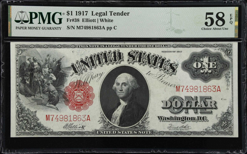 Fr. 38. 1917 $1 Legal Tender Note. PMG Choice About Uncirculated 58 EPQ.

A lo...