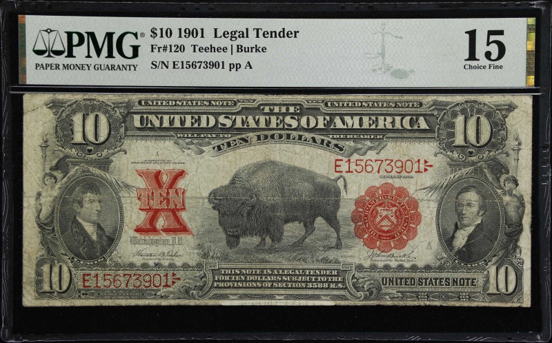 Fr. 120. 1901 $10 Legal Tender Note. PMG Choice Fine 15.

An evenly circulated...