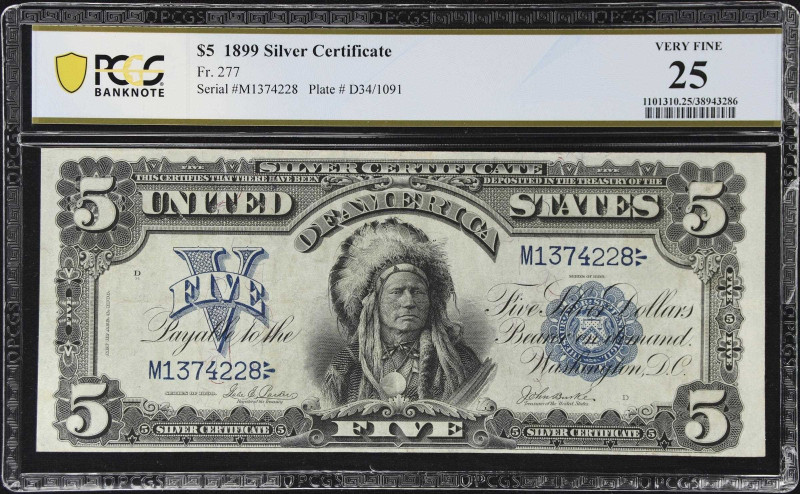 Fr. 277. 1899 $5 Silver Certificate. PCGS Banknote Very Fine 25.

An evenly ci...