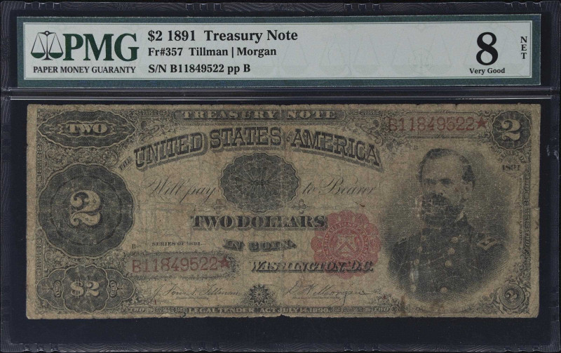 Fr. 357. 1891 $2 Treasury Note. PMG Very Good 8 Net. Tears.

A weathered issue...