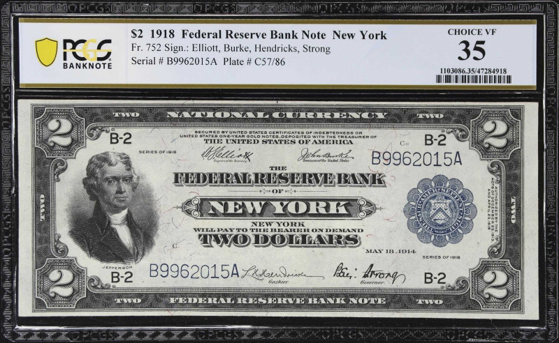 Fr. 752. 1918 $2 Federal Reserve Bank Note. New York. PCGS Banknote Choice Very ...