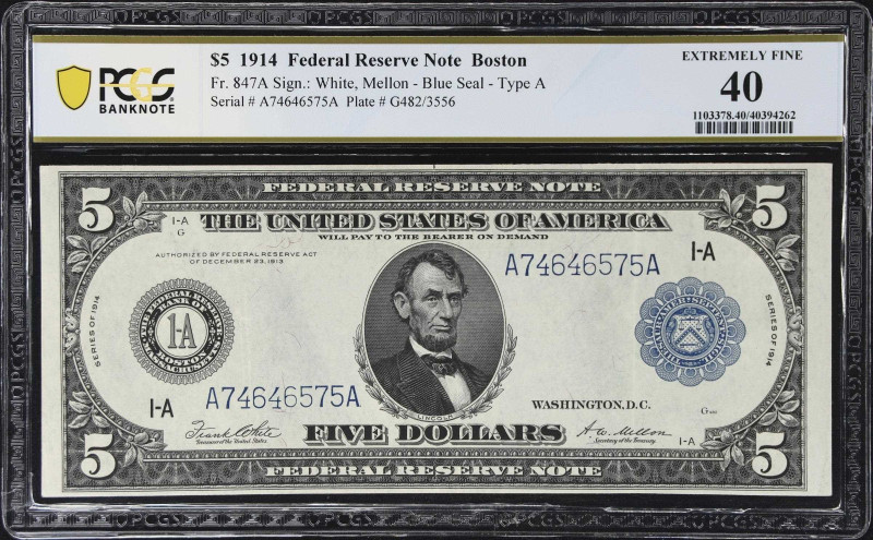 Fr. 847a. 1914 $5 Federal Reserve Note. Boston. PCGS Banknote Extremely Fine 40....