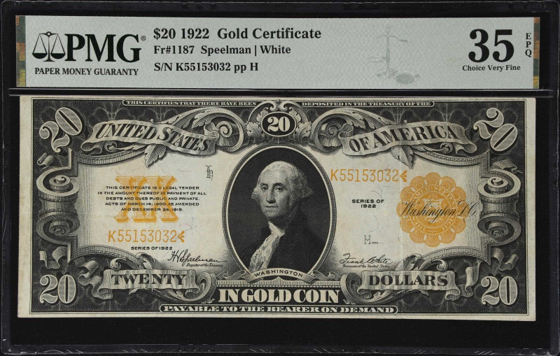 Fr. 1187. 1922 $20 Gold Certificate. PMG Choice Very Fine 35 EPQ.

An exceptio...